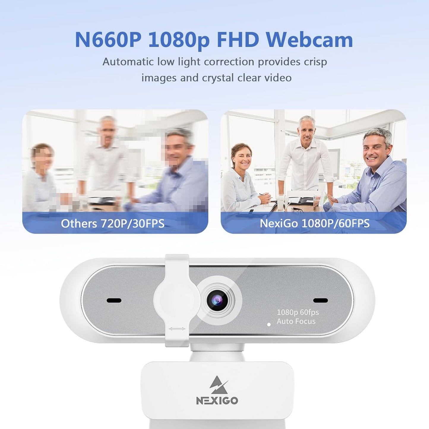 NexiGo N660P (Gen 2) 1080P 60FPS Webcam with Software Control, Dual Microphone & Cover, Autofocus, HD USB Computer Web Camera, for OBS/Zoom/Skype/FaceTime/Teams/Twitch, White