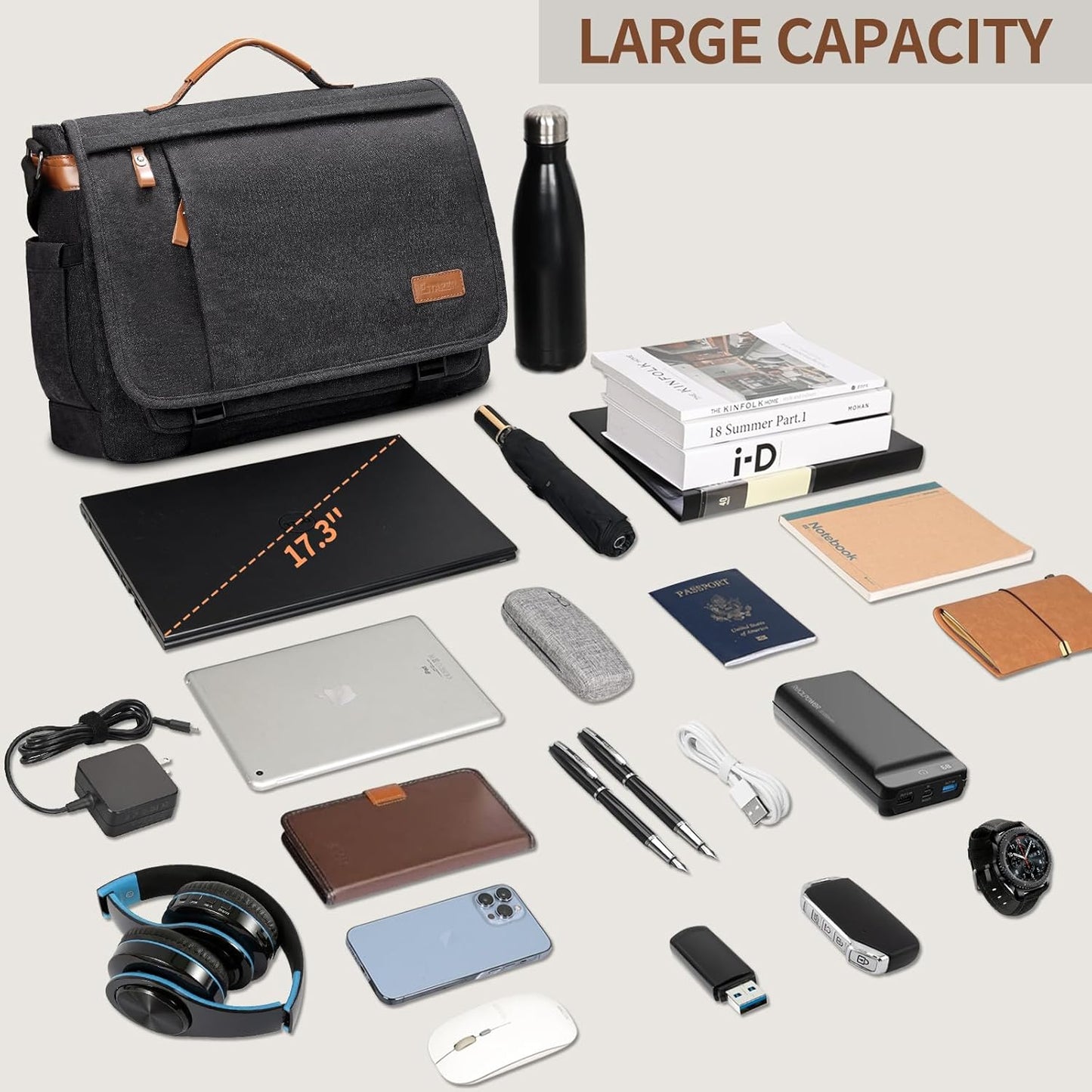 ESTARER Men's Messenger Bag 17.3 Inch Upgraded, Water-resistant Canvas Laptop Bag, Computer Shoulder Bag for College Travel Work, Dark Grey