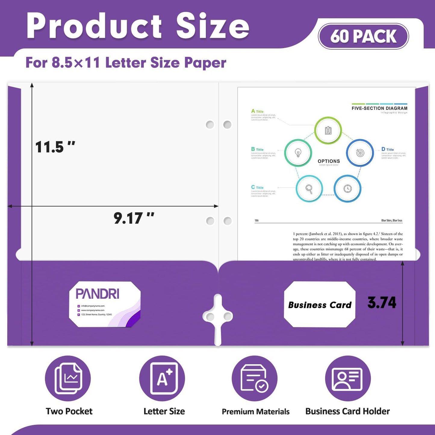 Two Pocket Portfolio Folders, PANDRI 60 Pack 3 Hole Punched 2 Pocket Folders for 3 Ring Binder, Letter Size Paper File Folder for School Office Home Business, Purple