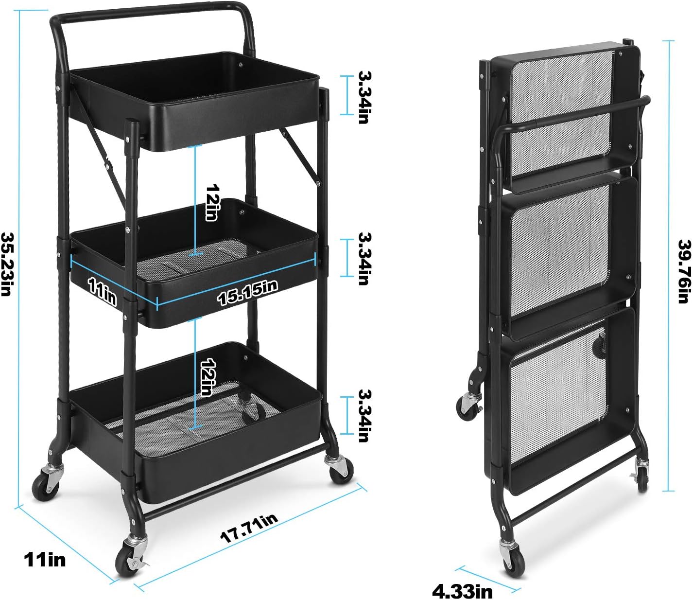 Foldable 3 Tier Metal Utility Rolling Cart, Folding Mobile Multi-Function Storage Trolley Organizer Cart for Home Library Office(Black)