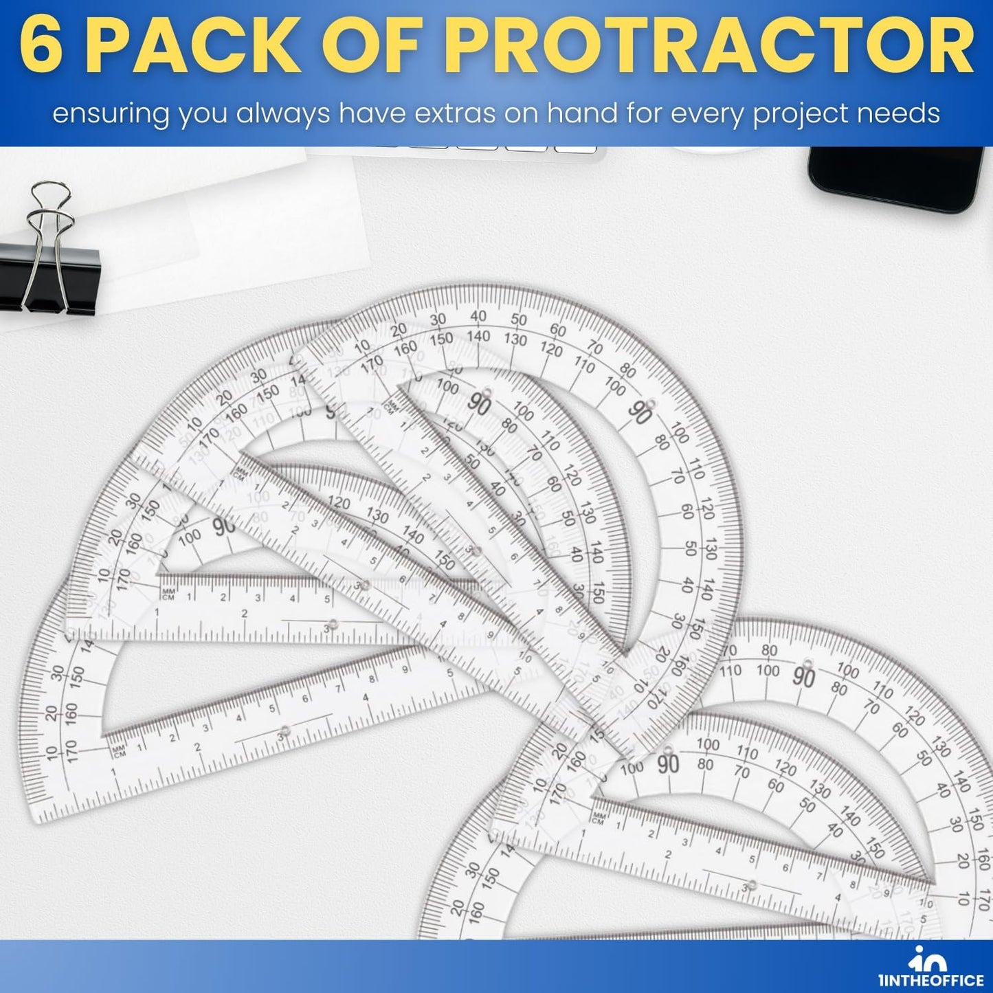 1InTheOffice Plastic Protractor 6 Inch, Protractor for Geometry, Clear Protractor, 180 Degrees, 6 Pack