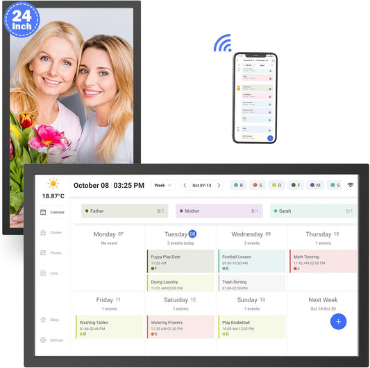 24" Smart Digital Calendar for-Family-Meal-Planner - Electronic Calendars for Chore Chart, Interactive Touchscreen Display for Family Schedules, Auto-Sync Google iCloud Outlook, Wall Mountable for Mom