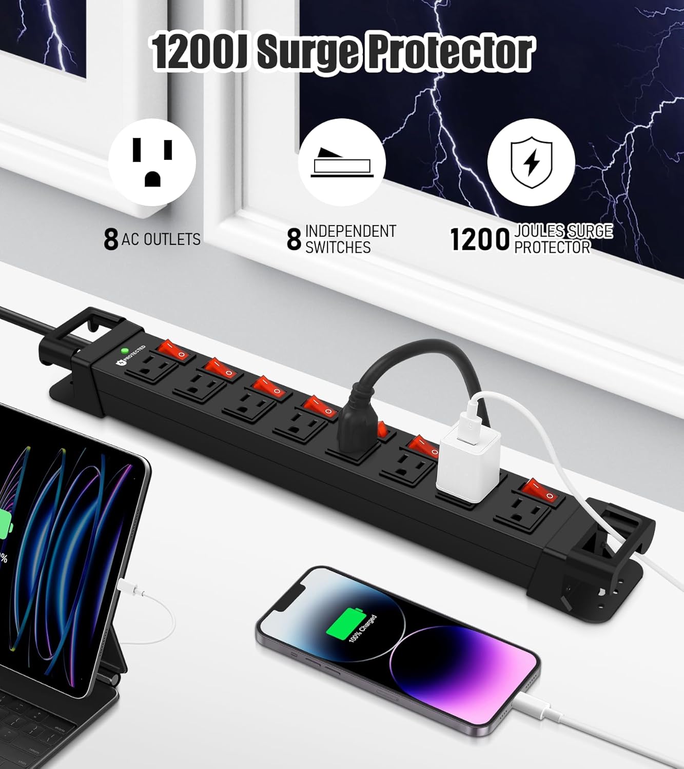 Heavy Duty Power Strip with Individual Switches,8 Outlets 14 Gauge Industrial Shop Garage Metal Multiple Outlets,1200J Surge Protector Mountable Power Strip (Black, 25 FT)