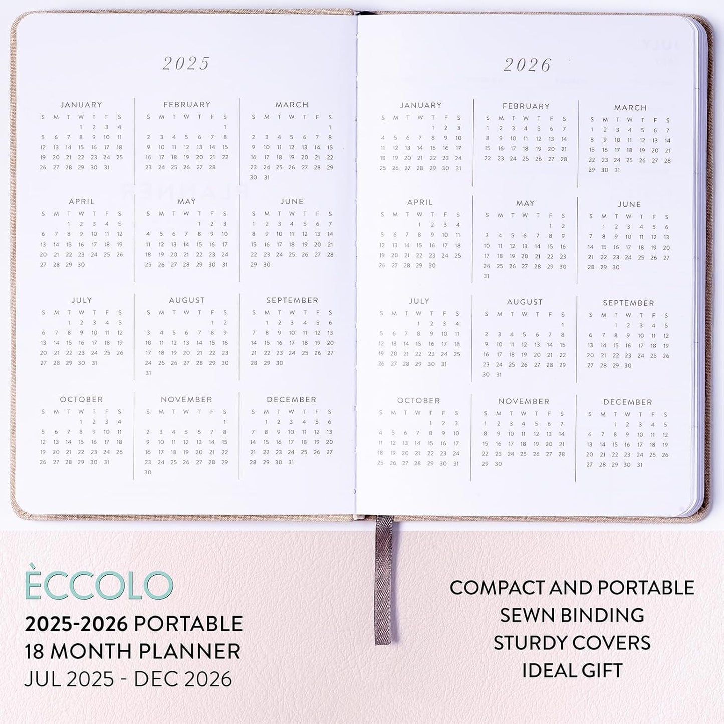 2025-2026 Eccolo 18 Month Linen Bound Planner, Monthly & Weekly Pages (5.25 x 7.75" - July 2025 to Dec 2026 - Delicate Floral)
