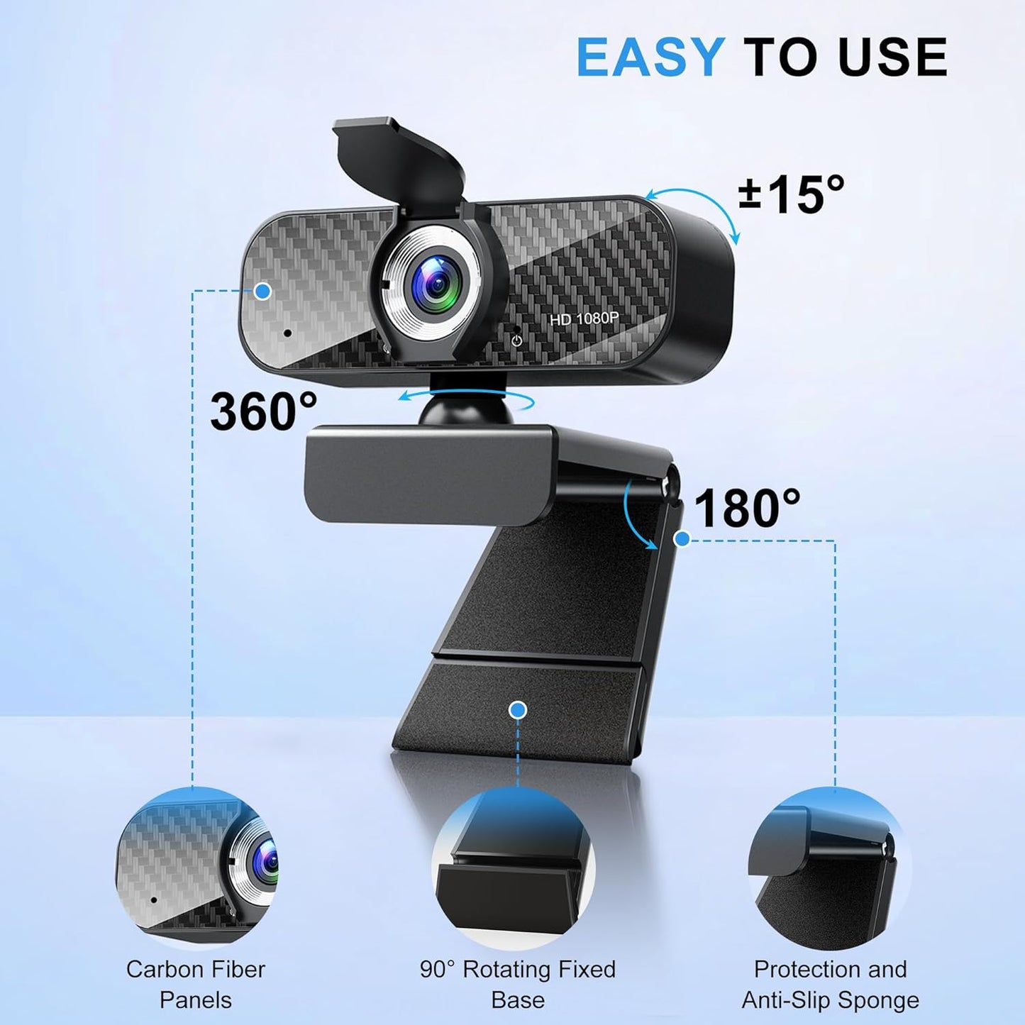 Webcam Full HD 1080P with Built-in Microphone and Rotatable Tripod, Carbon Fiber Board and Privacy Cover, Auto Light Correction, Adjustable FOV, Plug&Play for Zoom/Skype/Facetime/YouTube, Laptop/PC