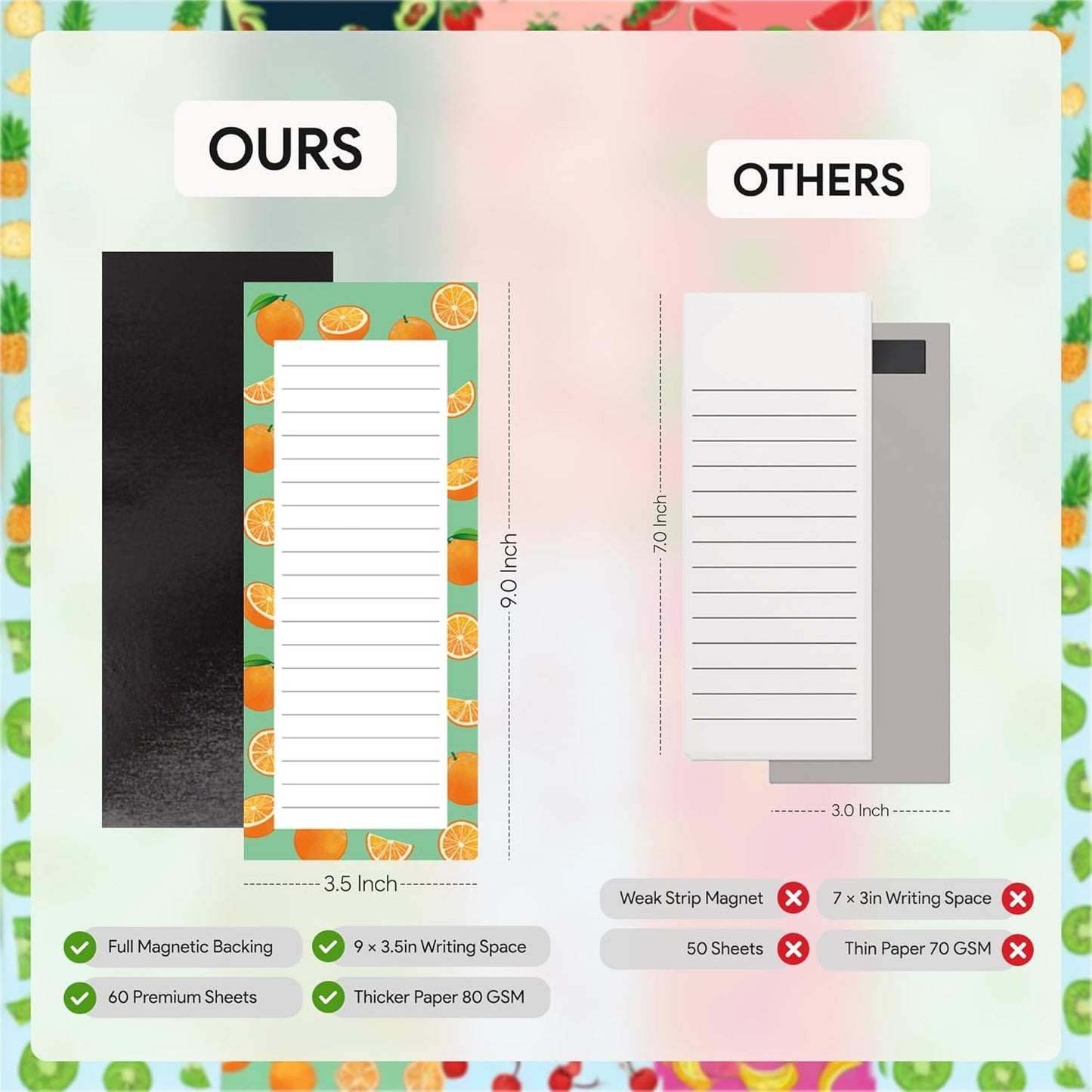 Magnetic Notepads – Notepads for Grocery List, Shopping List, To-Do List, Reminders -Strong Magnetic Back- Memo Notepad | 4 pack Large | Fruit Style 2