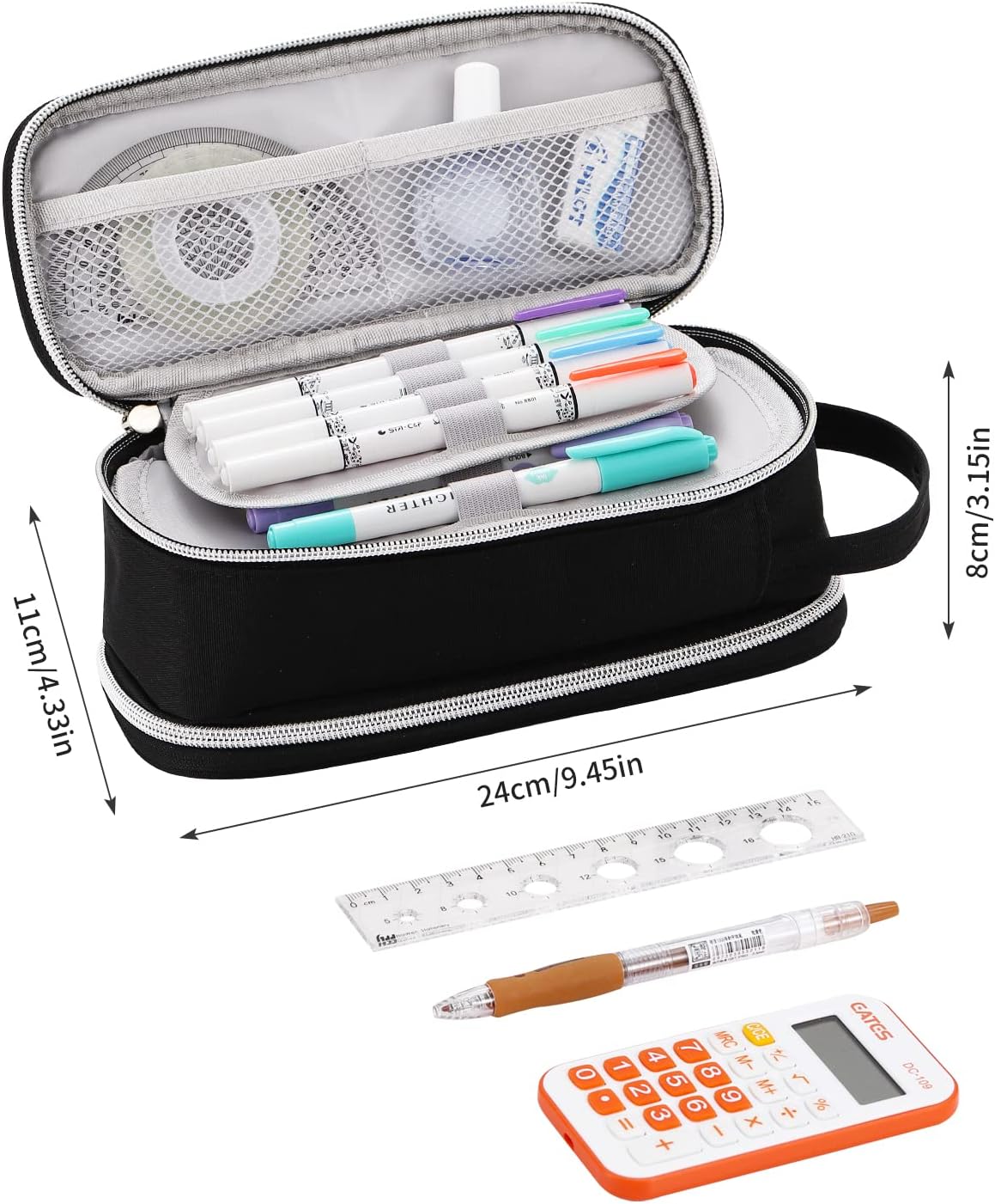 Dugio Big Pencil Case for Boys Teens Kids Zipper Pencil Pouch with Handle Organizer Pencil Bag Aesthetic Pencil Box for School Black