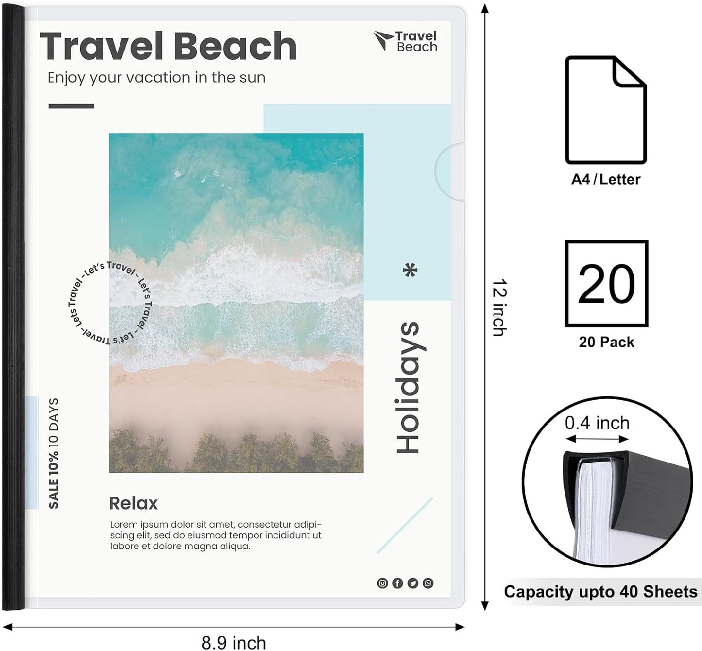 JOERSH 20Pcs Clear Report Covers with Sliding Bar, 40 Sheet Capacity Plastic Binder Paper Protector, Report Folders with Clear Cover for Resume File Documents, Black