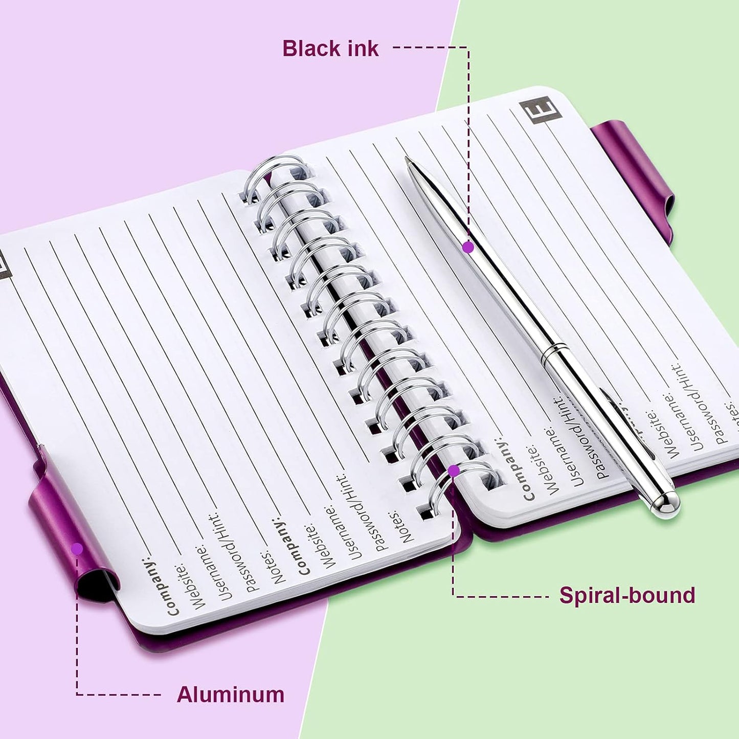 Zonon 2 Pcs Mini Password Book with Alphabetical Tabs Metal Password Keeper Book Portable Organizer Elegant Mandala Pattern Notebook with Pen, Spiral Bound for Information(Black, Purple)