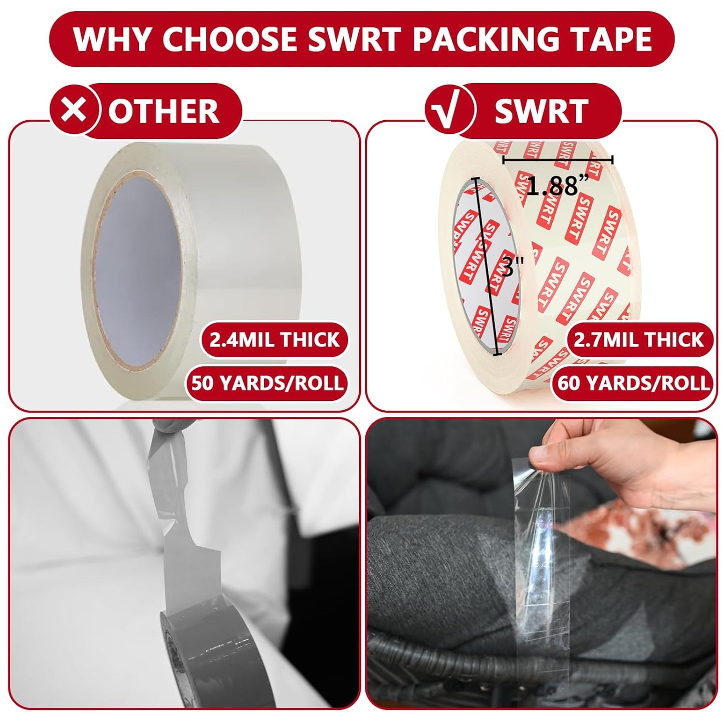 SWRT 2.7Mil Thick Ultra Clear Packing Tape, 24 Rolls Heavy Duty Packaging Tape for Shipping Packaging Moving Mailing, Thicker Sealing Tape-1.88" x 60 Yards Per Roll, 1440 Total Yards