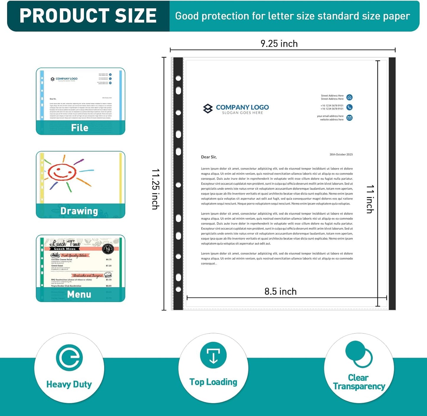 Sheet Protectors, PANDRI 300 Pack Color Heavy Duty Plastic Page Protectors Sheet Reinforced 11-Hole Fit for 3 Ring Binder Fits Standard 8.5 x 11 Paper, 9.25 x 11.25 Top Loaded, Excluding Acid