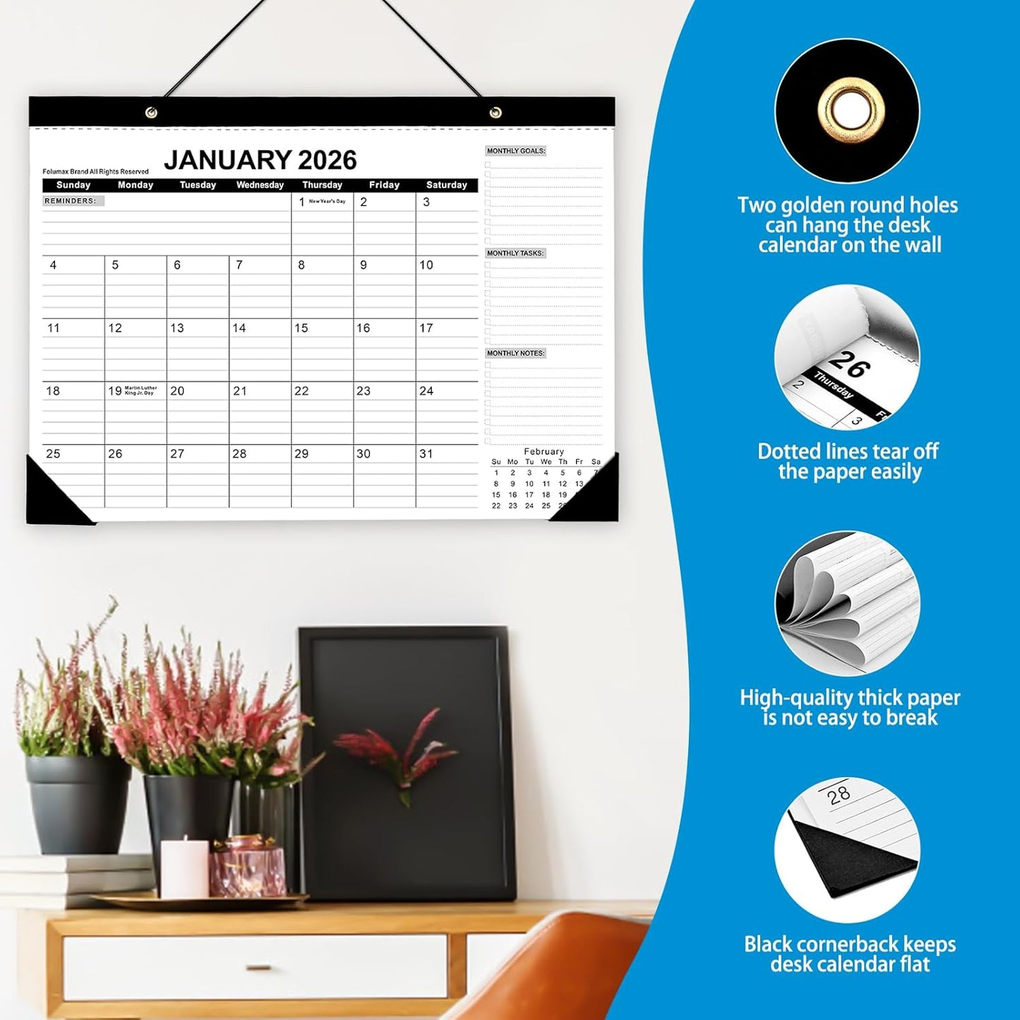 2026 Desk Calendar - Desk Calendar 2026 from Jan. 2026 to Dec 2026, Large 17" x 12" Desktop Monthly Calendar with Clear Waterproof Cover for Home School Office Desk Top Organizing