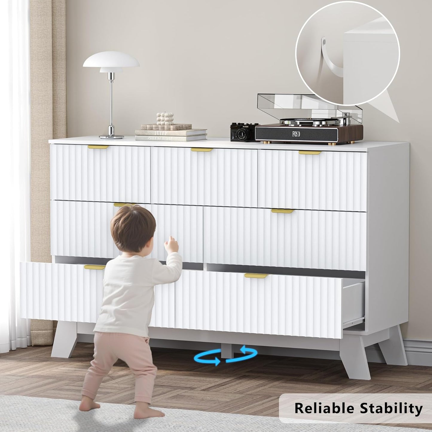 Fluted 7 Drawer Dresser, 47.2" Wide Modern Boho Chest of Drawers, Wooden Storage Dresser TV Stand for Bedroom, Living Room, Closet, Hallway, Curved Profile Design