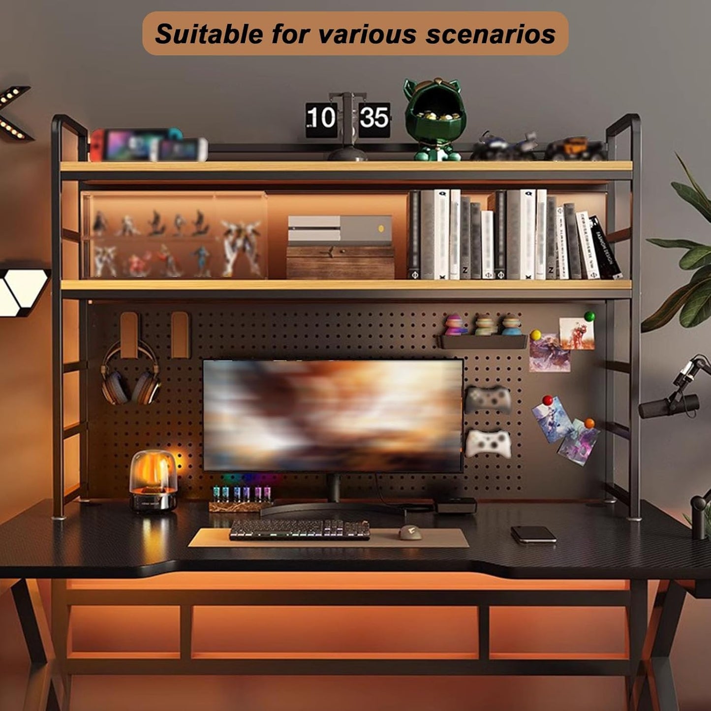 Desk Hutch Shelf Dorm 2 Tier Countertop Desktop Bookshelf With Pegboard,metal /MDF Desk Top Bookcase for Computer desk, Desk Storage Organizer Rack for Office Home Dormitory (black, 110cm/43.3in)