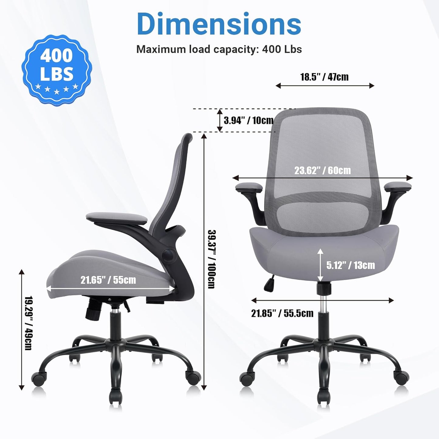HYLONE Heavy Duty Office Chair, 5" Thickened Seat Ergonomic Desk Chair with Adjustable Armrests, Home Office Computer Chairs for Long Hours Mesh Executive Chair(Dark Grey)
