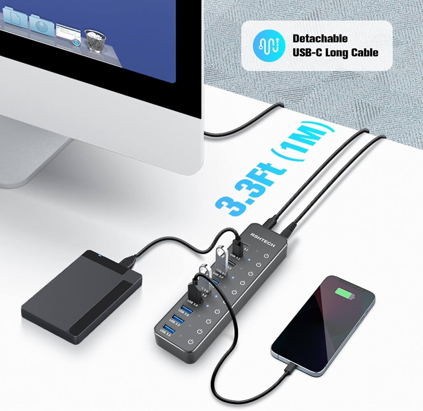 Powered USB Hub, RSHTECH 10-Port USB 3.2/USB C Hub 60W with 10Gbps USB-A 3.2, 2 USB-C 3.2, 7 USB 3.0 Ports, Individual Touch Switches and 3.3ft Cable, Hybrid USB Splitter for Laptop/PC, RSH-ST10C