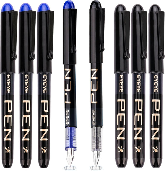 EYEYE Disposable Fountain Pens Fine Point, 4 Black 4 Blue Fountain Pens or Writing, Stainless Steel Nib, Smooth Writing for Journaling, Drafting, Sketching, Doodling & Office Supplies