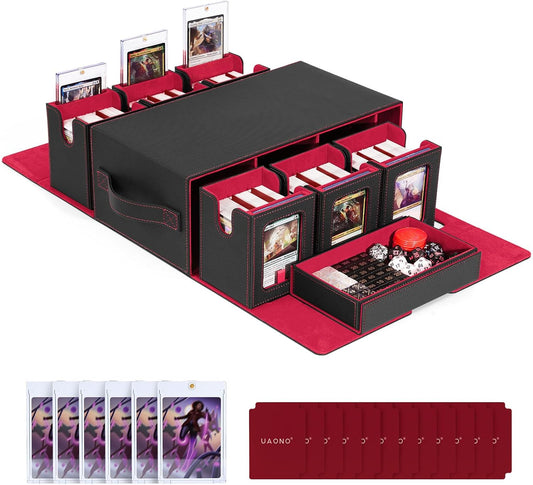 Commander Deck Box for MTG, 6-Deck Modular Card Case with Dice Tray Holds 600+ Double-sleeved Cards, Removable Trading Cards Storage Box with 35PT Magnetic Card Holders for TCG, Black Red