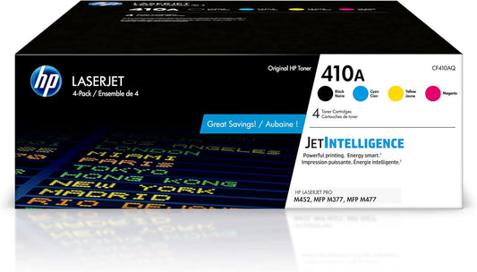 HP 410A Black, Cyan, Magenta, Yellow Toner Cartridges (4-pack) | Works with HP Color LaserJet Pro M452 Series, HP Color LaserJet Pro MFP M377, M477 Series | CF410AQ