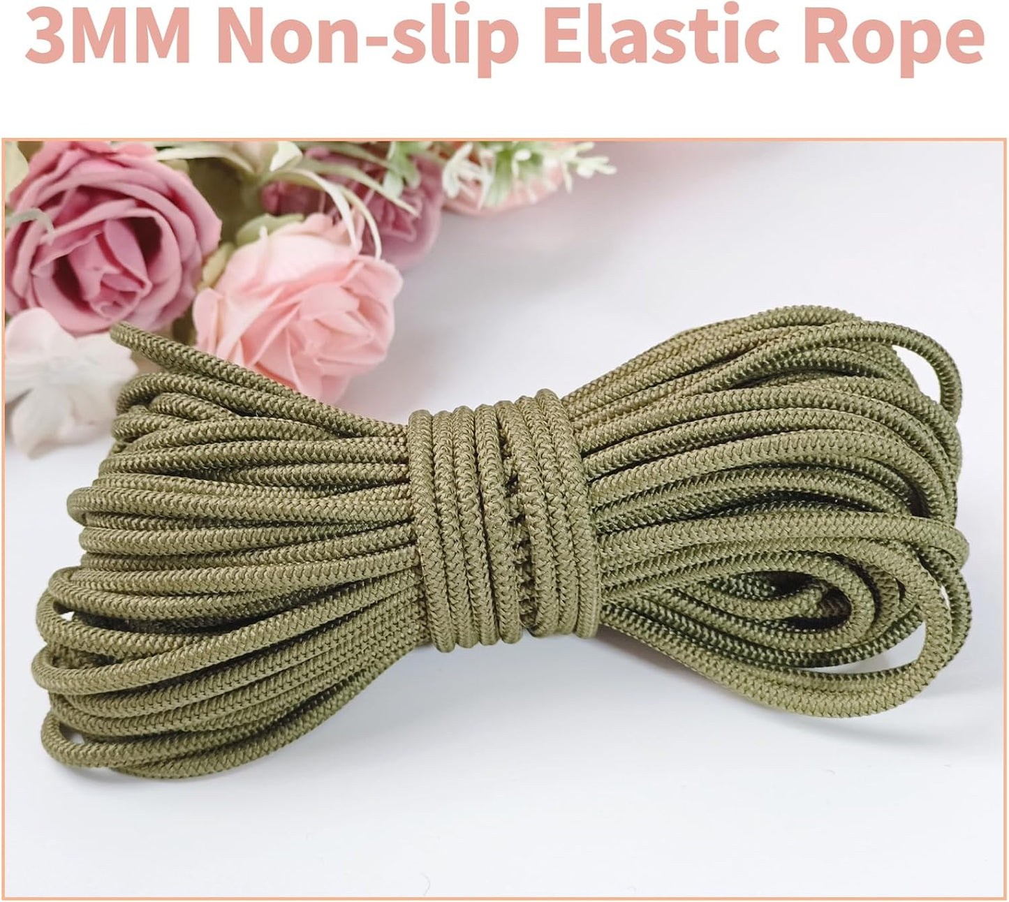 1/8 inch Non-Slip Elastic Band -3mm 15 Yards Soft Elastic Cord Stretch String Braided Thread for Sports Gear, DIY Crafts, Hair Bands, Shoelaces,Apparel Making & Camping Tie Down (Olive Green)