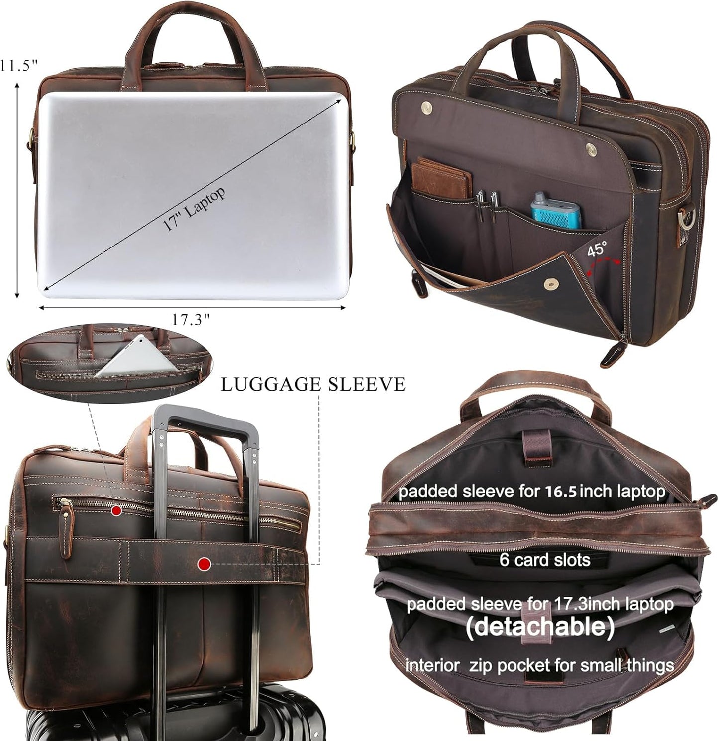 Masa Kawa Leather Briefcase for Men 15.6", 17" Laptop Computer Case Business Travel Work Messenger Cross Body Shoulder Bag