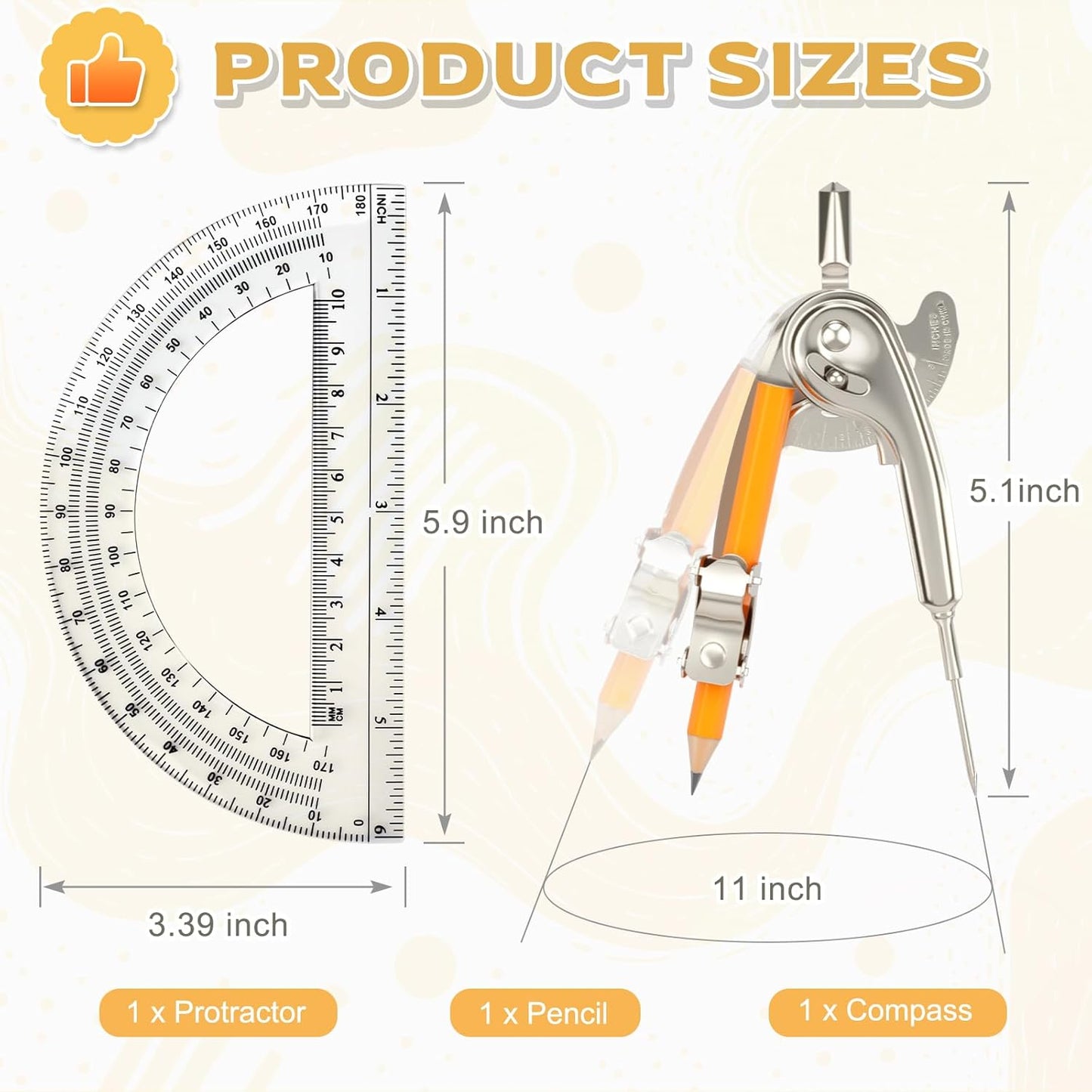 2 Pack Geometry Tool Set, Math Compass for Geometry and 6 Inch Protractor Set Include Metal Compass with Pencil and Clear Plastic Protractor for Student Classroom Office Woodworking Art Drawing