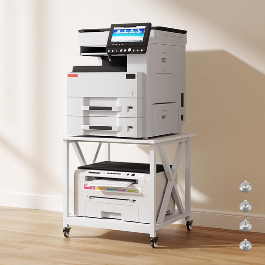 2 Tier White Printer Stand, 23.6 x 23.6 Inches Large Printer Table with Storage Shelf, Rolling Printer Cart with Wheels, Mobile Table for Home Office (White)
