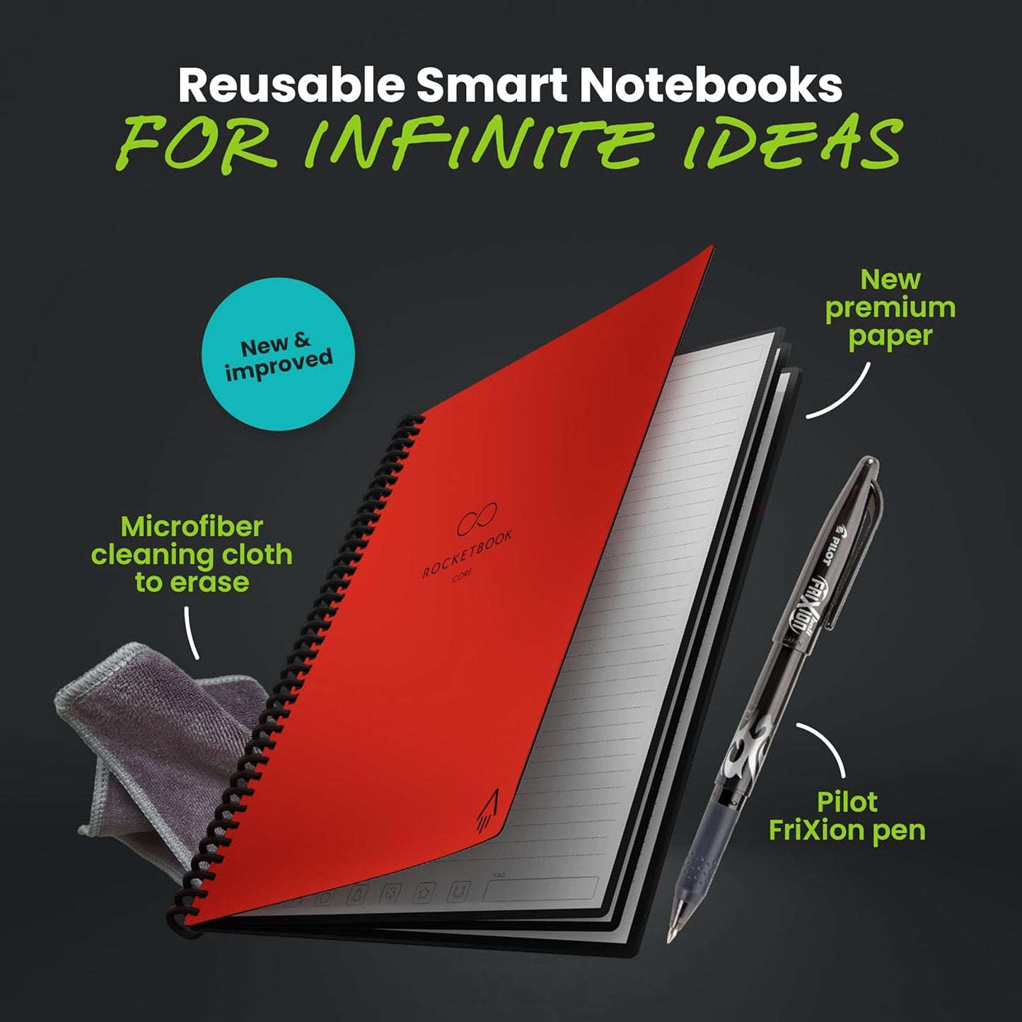 Rocketbook New Core Reusable Spiral Notebook, Executive Size 6x8.8, Red - Lined Pages, App-Connected, Erasable, Durable Cover, Ideal for School, Work, and Creative Projects