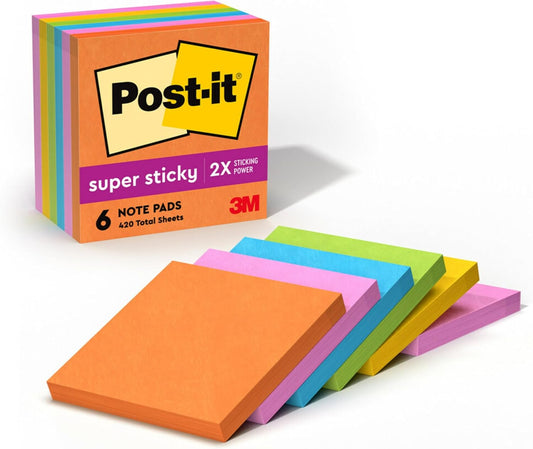 Post-it Super Sticky Notes, 3x3 in, 6 Pads, 2X The Sticking Power, Energy Boost Collection, Bright Colors (Orange, Pink, Blue, Green),Recyclable (654-6SSAU)