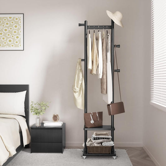 Coat Rack Freestanding Clothing Rack with Wheels & 2 Shelves Storage & 5 Hooks Heavy Duty Clothes Rack Wood Coat Tree Stand Hat Hanger Rack for Corner Bedroom Entryway Living Room Hotel