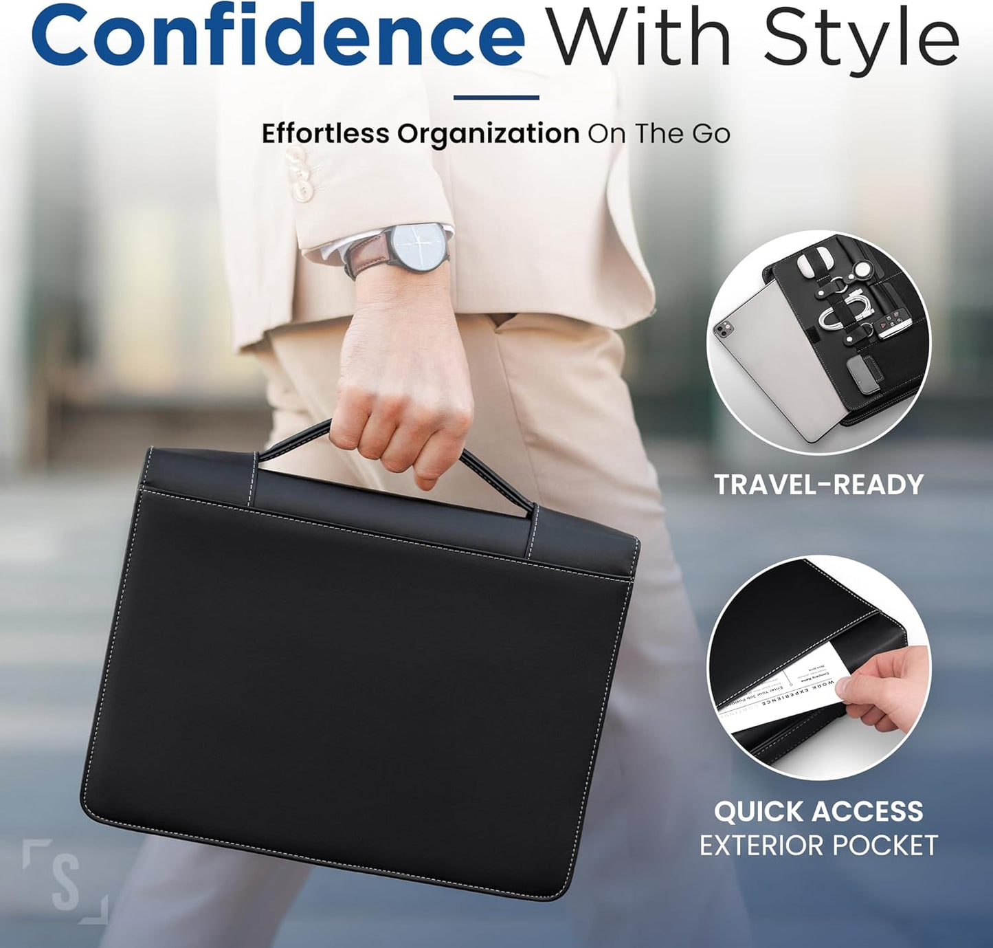 STYLIO Zipper Portfolio with Carrying Handle | Removable 1" 3-Ring Binder w/Clipboard Padfolio | Organizer for Documents, iPad, Tablet, Phone, Notebook | Business Leather Binder for Men Women