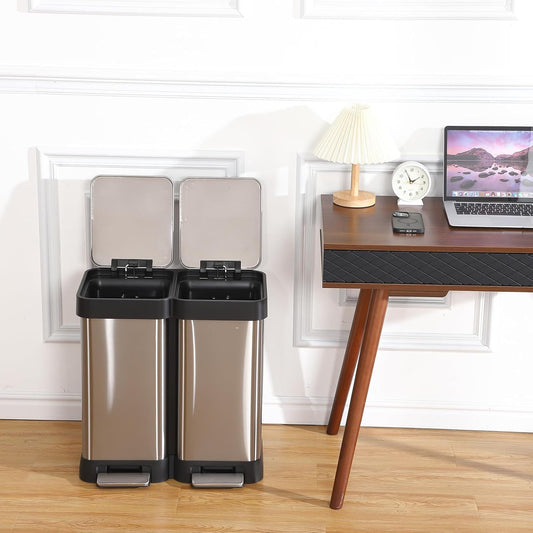 16 Gallon Dual Compartment Trash Can, 2 x 30L Fingerprint Resistant Stainless Steel Kitchen Garbage Can with 2 Soft-Close Lid & Foot Pedal for Kitchen Office Bathroom, Without Inner Bucket