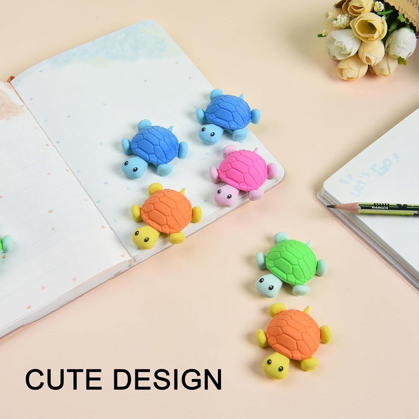 16 Pcs Cute Turtle Pencil Erasers for Kids, Novelty Rubber Turtle Desk Pet Erasers for Classroom Favors Party Supplies