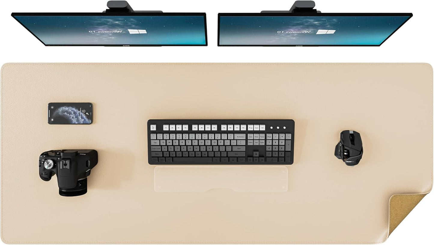 DAWNTREES Dual Sided Desk Mat,Leather Desk Pad,47.2''x15.8'',Cork Desk Mat Protector,with PU Leather Valet Tray Organizer,Large Mouse Pad,Desk Writing Pad for Office and Home(Khaki)