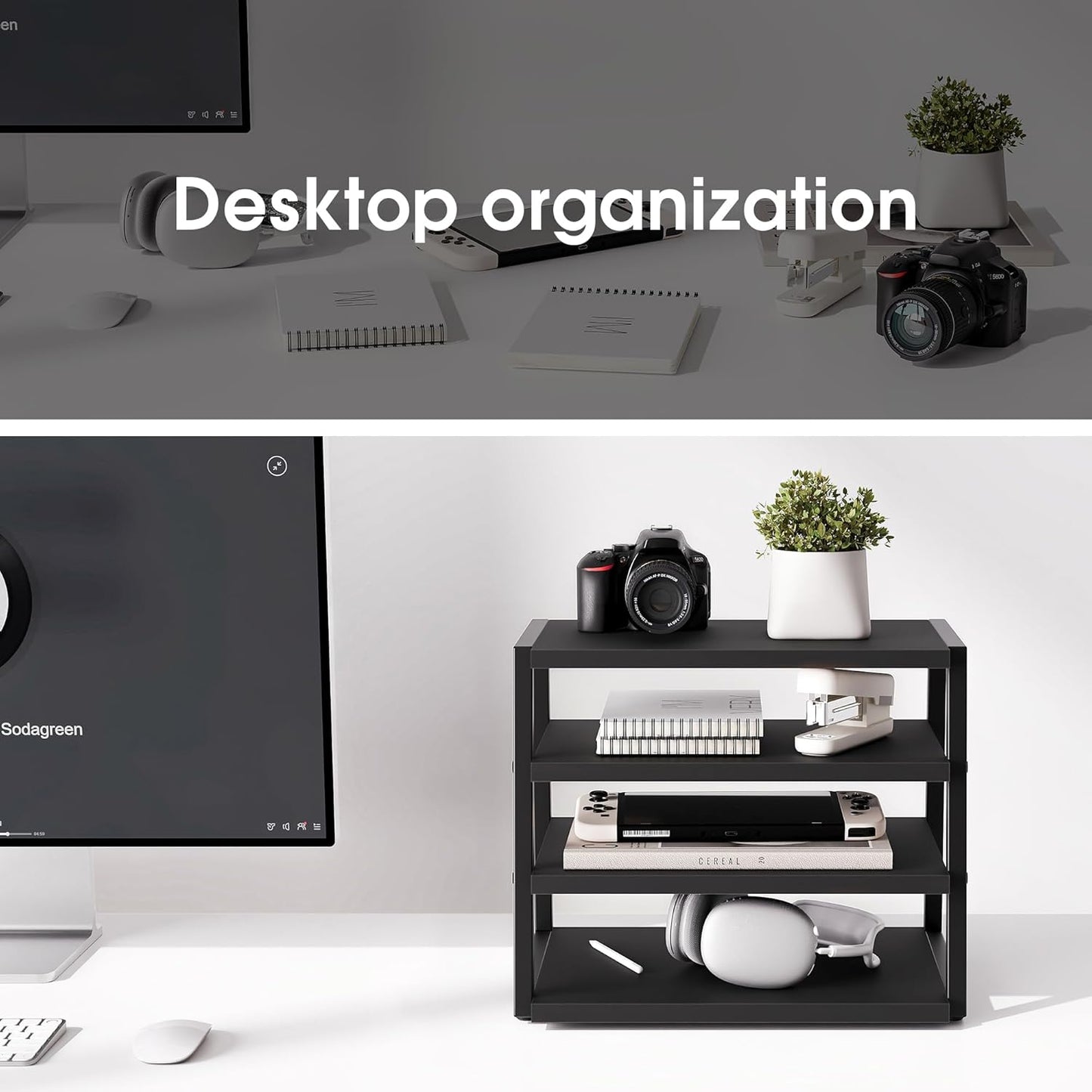 Fenge Desk Shelf Organizer, 4 Tier Desktop Shelf, Wood and Metal Office Shelves, Corner File Organizer for Office Supplies, Top of Desk Organizers and Accessories