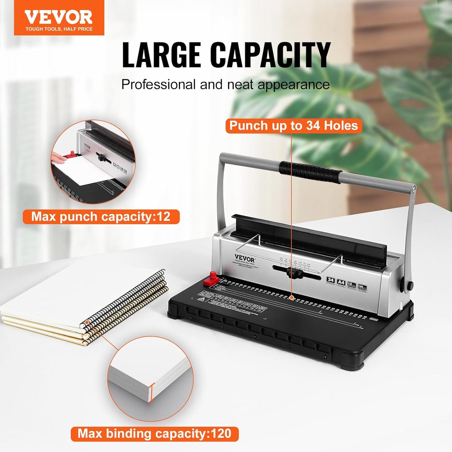 VEVOR Coil Binding Machine, Manual Book Maker 34-Holes Binding 120 Sheets, Punch Binder with Adjustable Side Margin, for Letter Size, A4, A5