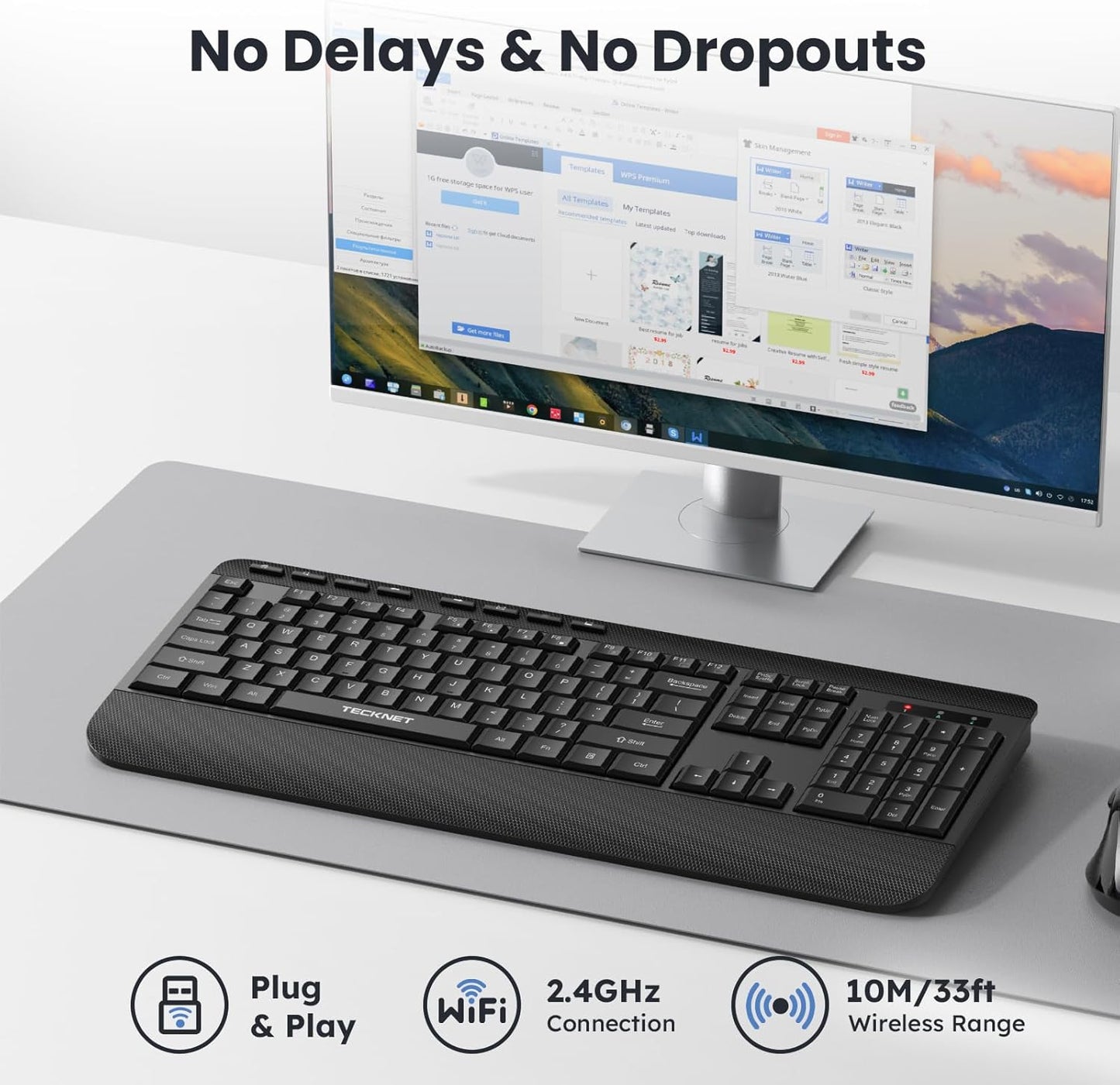 TECKNET Ergonomic Wireless Keyboard for Laptop, 2.4G USB Silent Computer Keyboard with Comfortable Palm Rest & Adjustable Feet Stand for Desktop, PC, Notebook, Surface and Windows, Full Size Layout