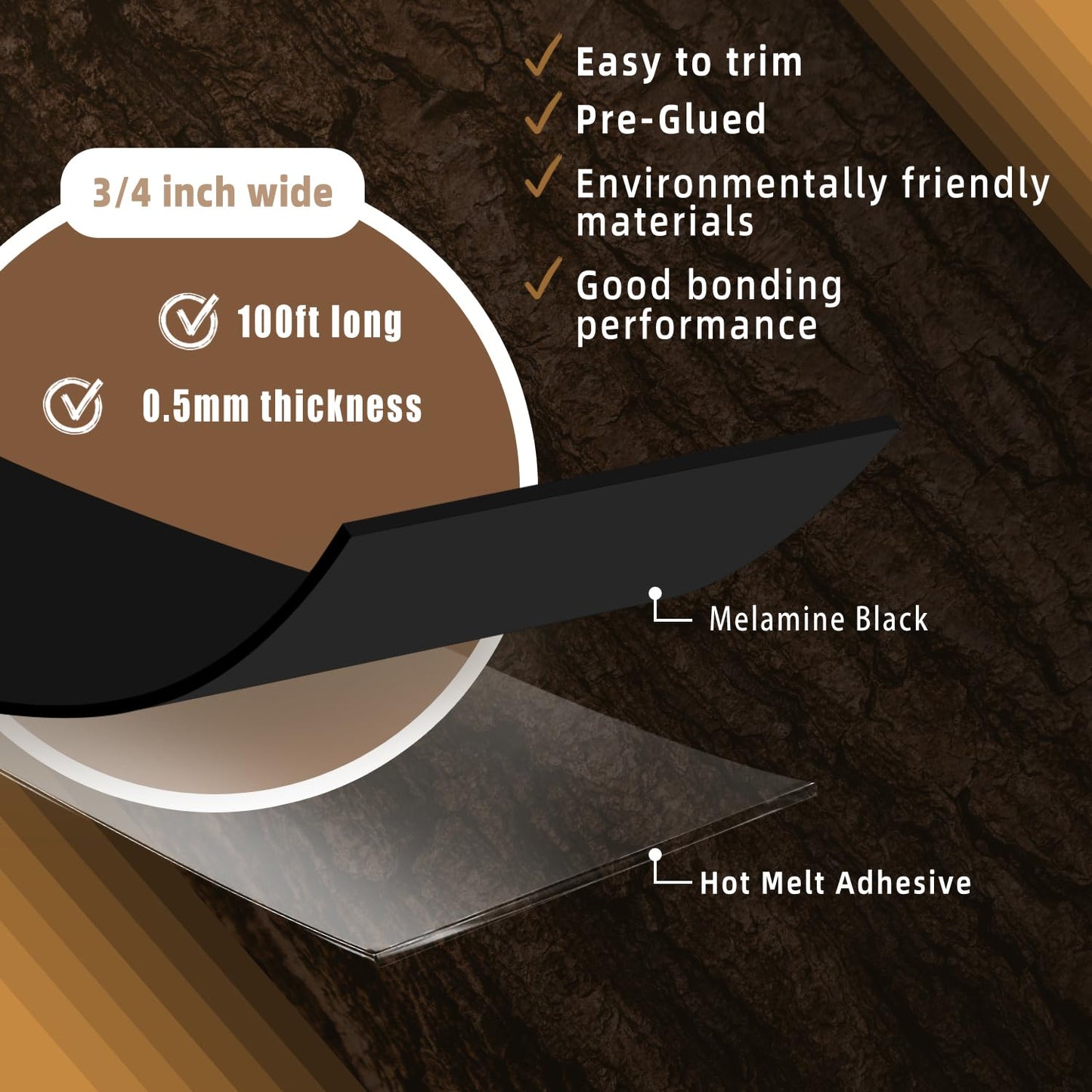 GSCIT Club Black Edge Banding, 3/4 inch x 100ft Melamine Edge Banding with Hot Melt Adhesive Preglued Cabinet Edge Banding Flexible Black Veneer Edging