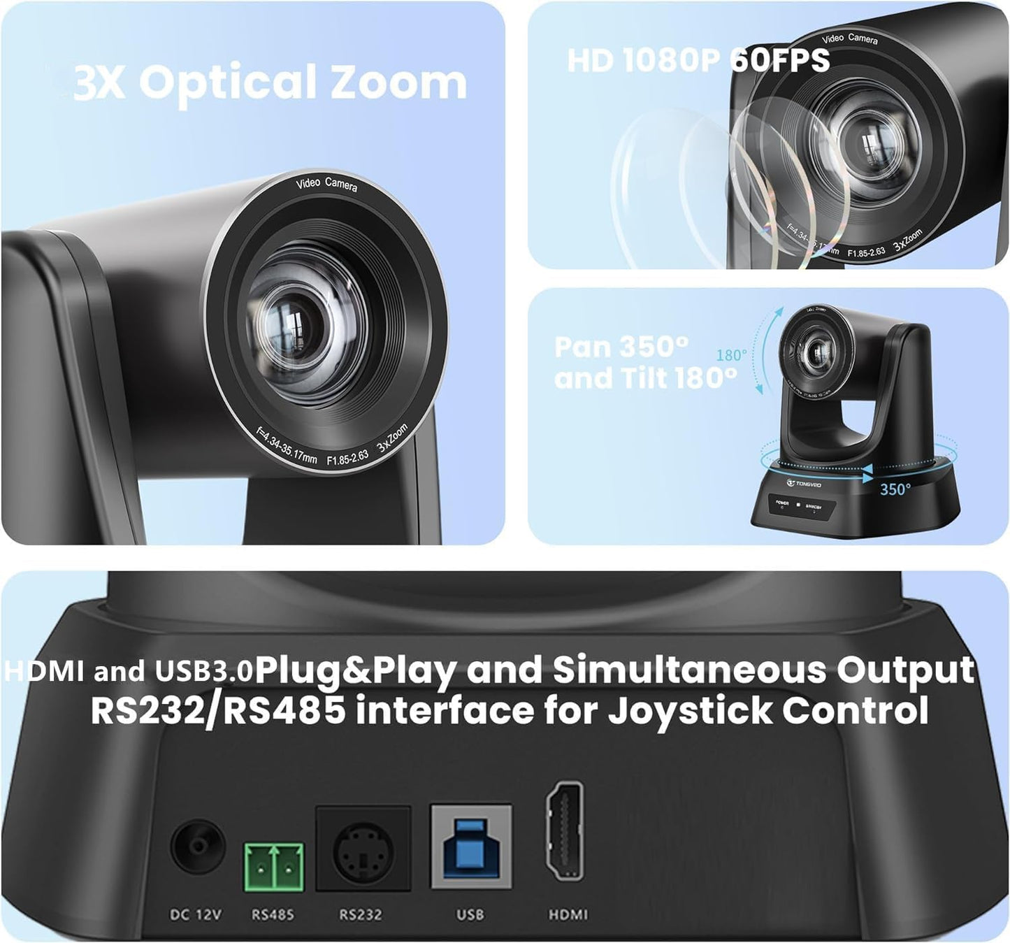 Conference Room PTZ Camera System 3X Optical Zoom USB3.0, HDMI 114° Wide Angle 1080P 60fps Camera Bundle with Bluetooth Microphones - Easy Setup for Church