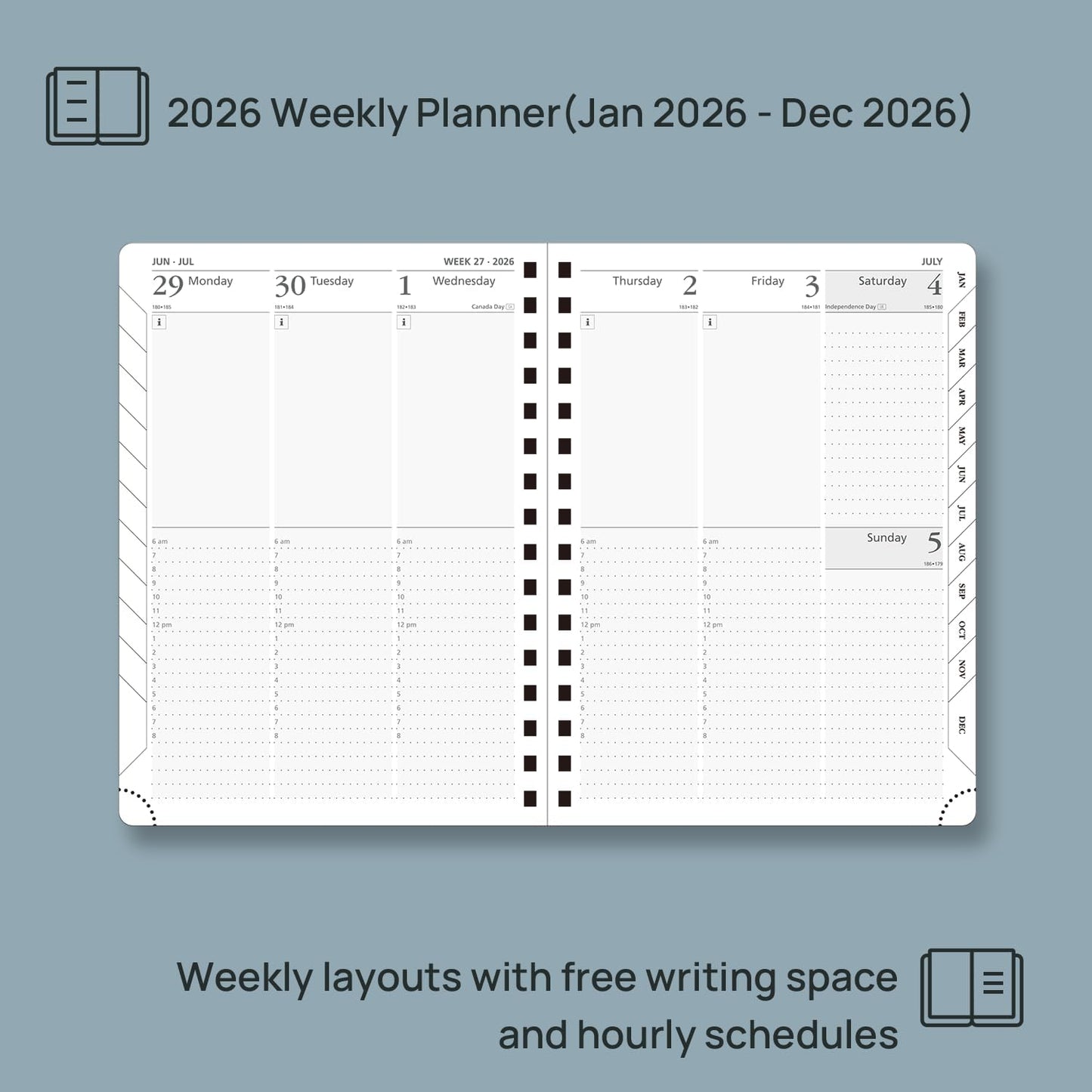 POPRUN 2026 Planner (Medium Size 8.5'' x 6.25'' Wire-Bound Hard Cover) Daily Weekly and Monthly Calendar - Agenda 2026 (Jan.2026-Dec.2026) with Hourly Schedule, Monthly Tabs - Midnight Green