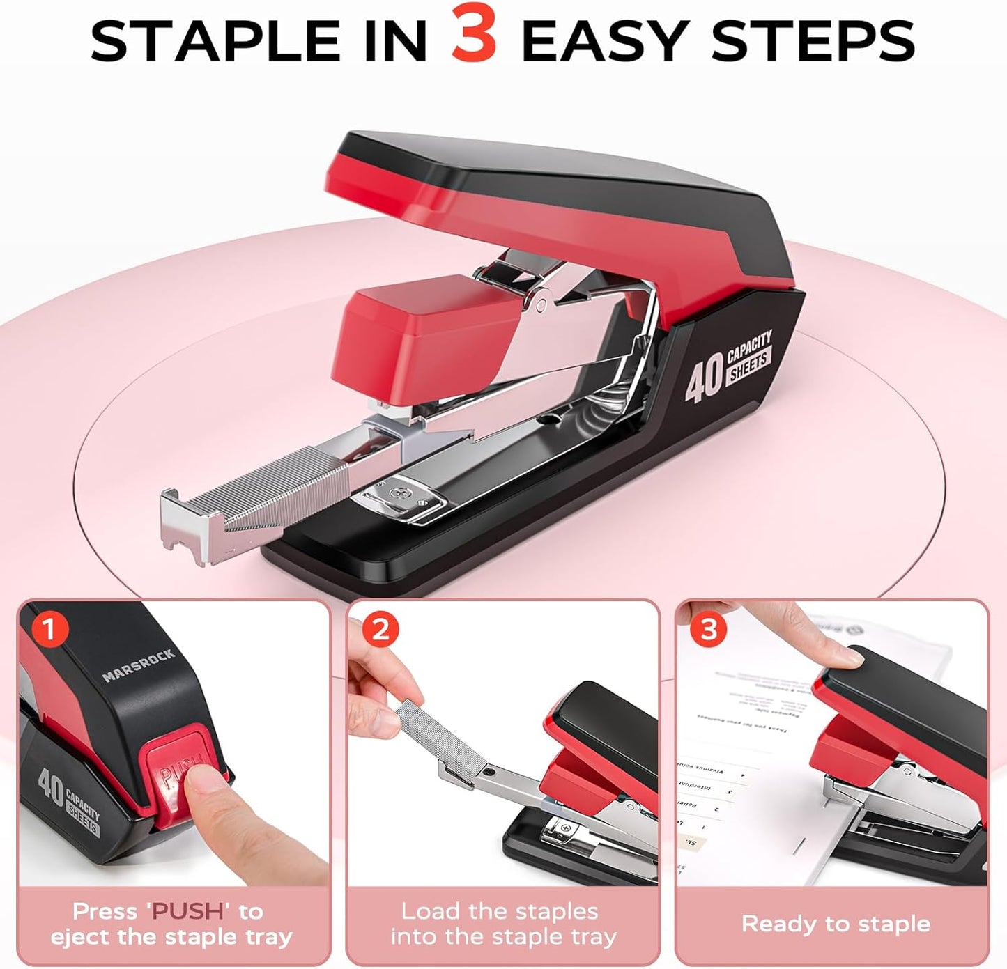 Effortless Stapler for Desk with 40-50 Sheet Capacity, 2000 Staples, 1-Touch Stapling, Ergonomic & Easy to Load Desktop Staplers, Heavy Duty Stapler, and Magnetic Staple Remover, Red