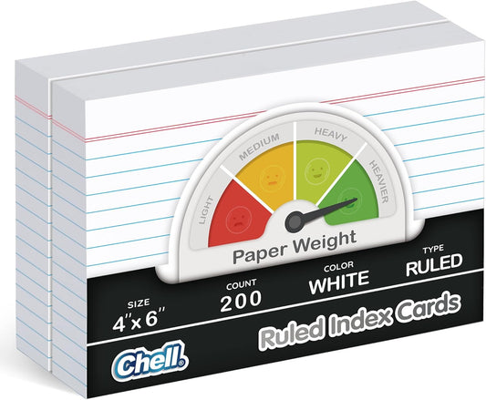 Chell Extra Heavyweight Ruled Index Cards 4x6 Inch, No Bleed-Through, 200 Count, Ruled Front and Blank Back, 85 lb. Cover Weight, White