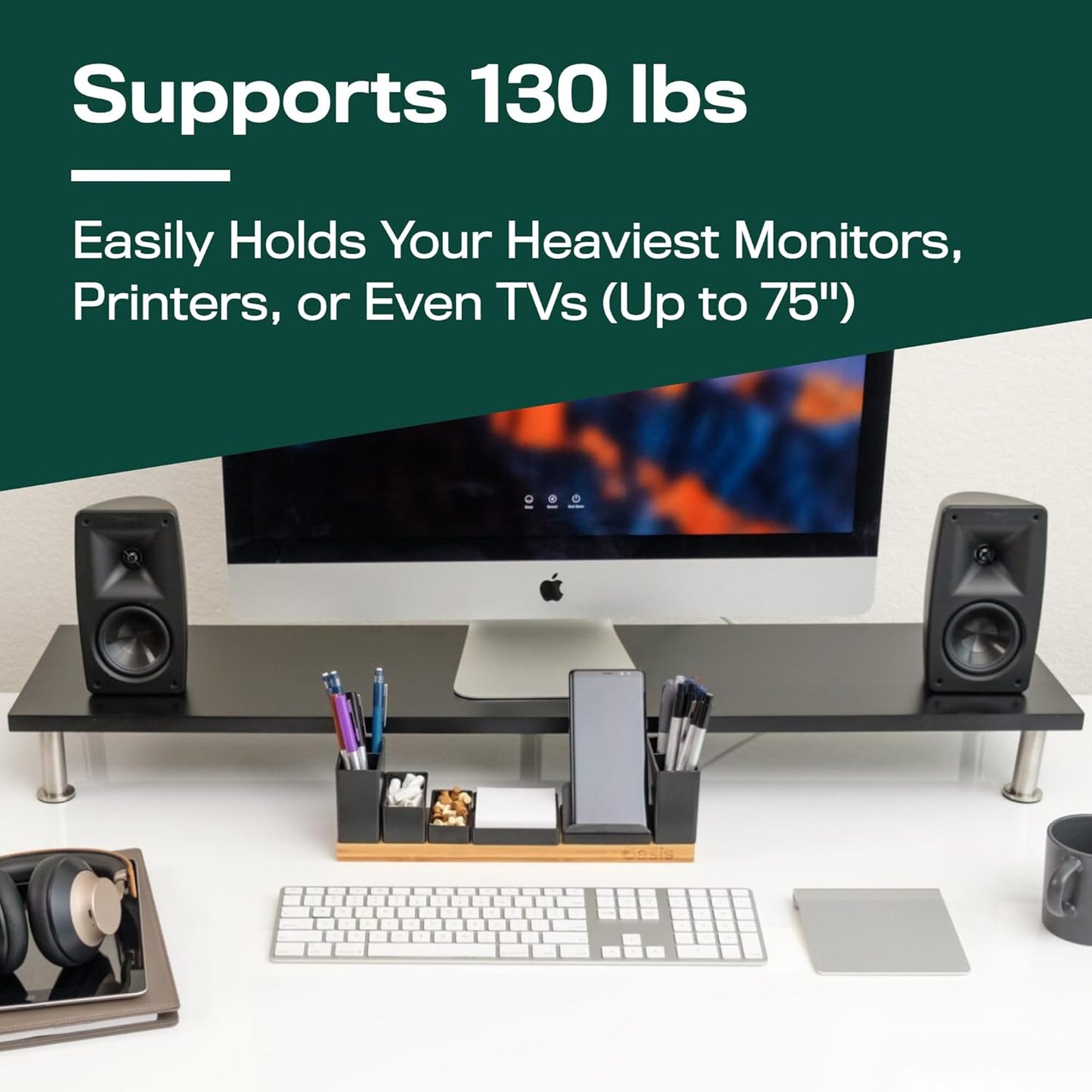 The Original Bamboo Dual Monitor Stand (As Seen On PBS) - 42 Inch Large Monitor Riser for Computer Screens, Laptop or TV - Desk Shelf Adds Storage Space and Improves Ergonomics - Black