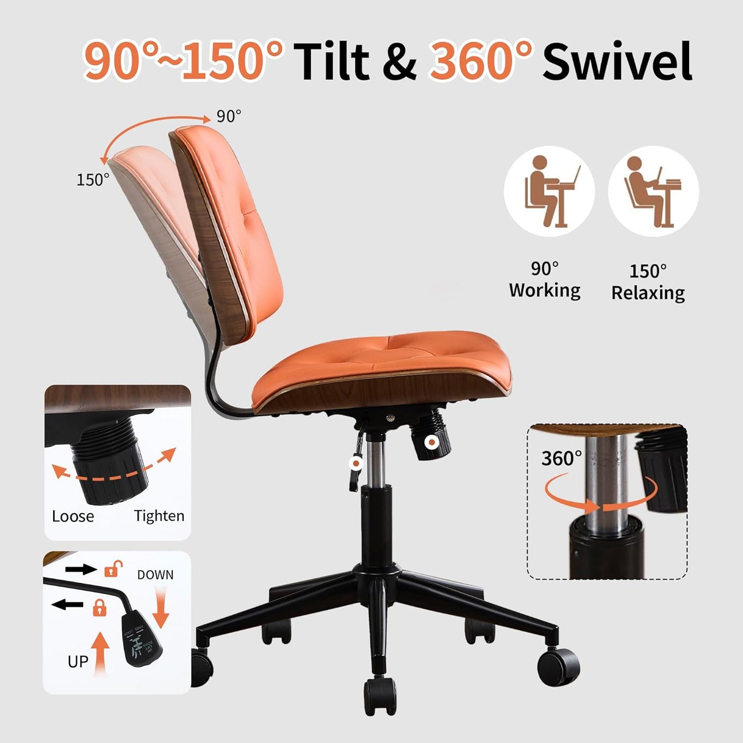 Small Armless Desk Chair – PU Leather Mid-Back Ergonomic Office Chair with Adjustable Height, Swivel Wheels, Walnut Frame, Ideal for Small Office, Study, or Bedroom, Orange
