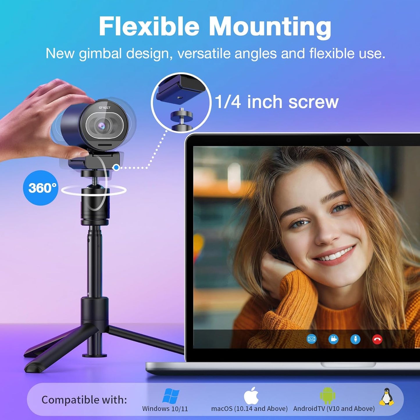 EMEET S600 4K Webcam with Tripod for Streaming - Sony 1/2.5'' Sensor, PDAF Autofocus, 1080P@60FPS, 2 Noise Reduction Mics, Built-in Privacy Cover, 73° FOV, Streaming Webcam for Product/Game/Beauty