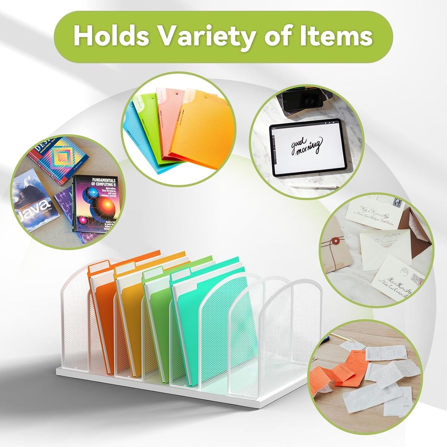 Desk File Organizer Vertical 7 Sections Mesh File Sorter Paper Storage Organizer for Desk, Office Organization File Holder Rack, White