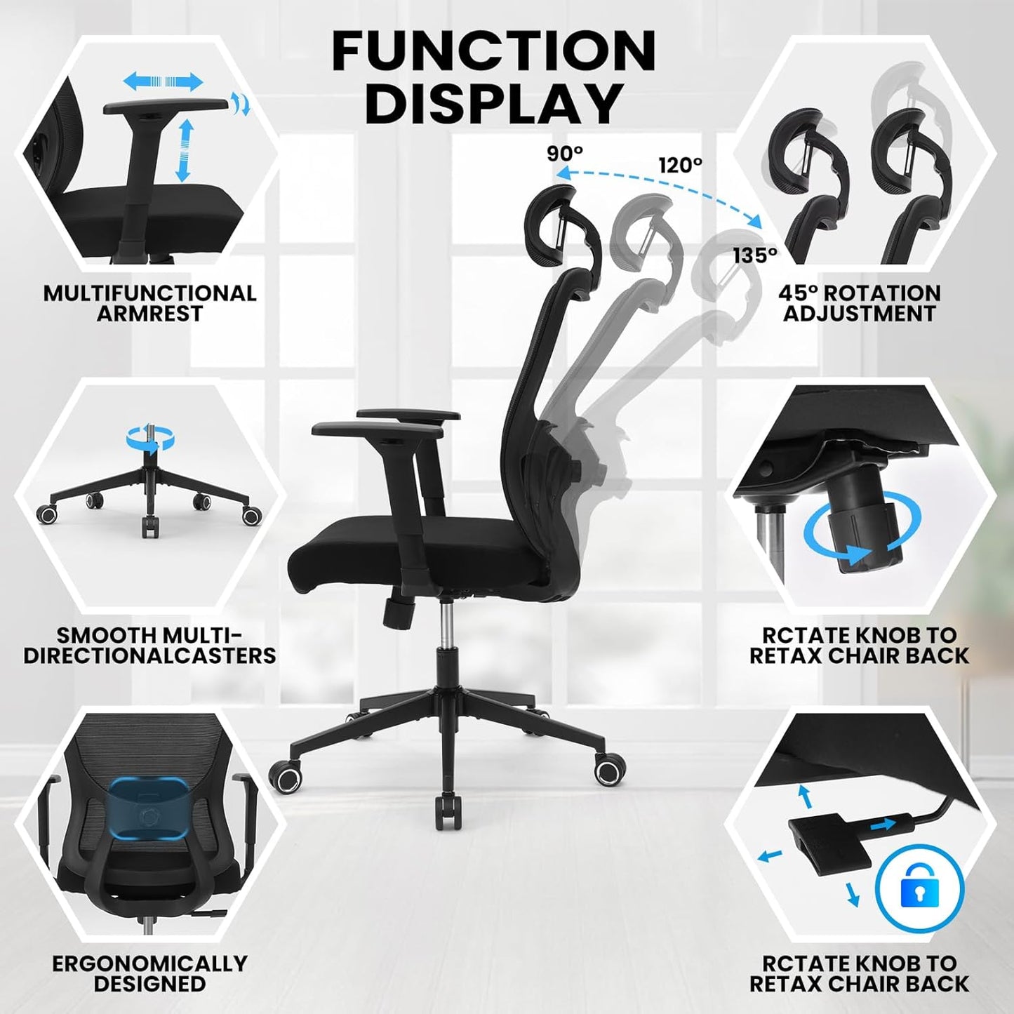Ergonomic Office Mesh Chair, High Back Swivel Comfty Desk Chairs- 3D Armrest Adjustable Lumbar Support Capacity 400lbs and Headrest Wide for Home & Office, Bedroom (Black)