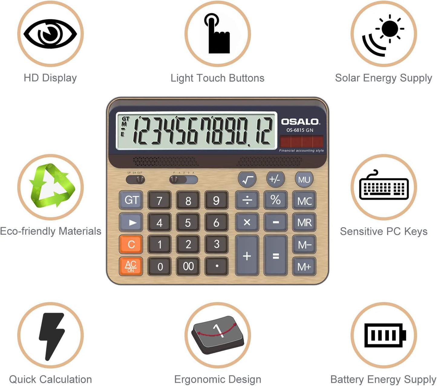 Desktop Calculator Extra Large 5-Inch LCD Display 12-Digit Big Number Accounting Calculator with Giant Response Button, Battery & Solar Powered, Perfect for Office Business Home Daily Use(OS-6815GN)