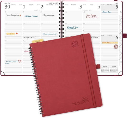 POPRUN Planner 2025-2026 (Large - 8.5'' x 10.5'') Academic Weekly Calendar (July 2025 - June 2026) with Hourly Time Slots, Monthly Tabs, 100GSM Thick Papers, Spiral Leather Cover - Burgundy Red