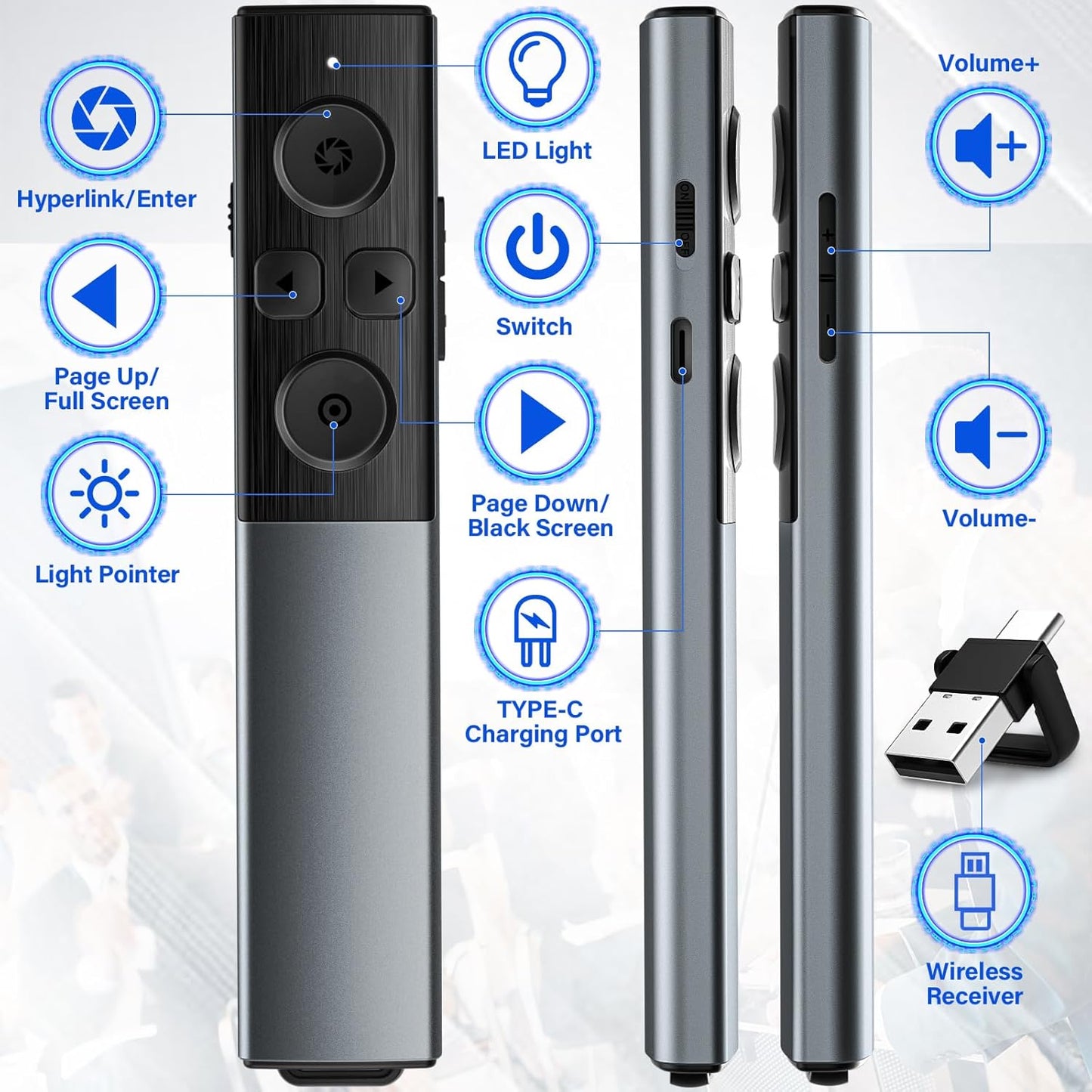 2-in-1 USB Type C Presentation Clicker Wireless Presenter Remote Clicker, Rechargeable Clicker for Powerpoint Presentations, Google Slide Advancer Slideshow Presnetation Clicker (Aluminium Alloy)